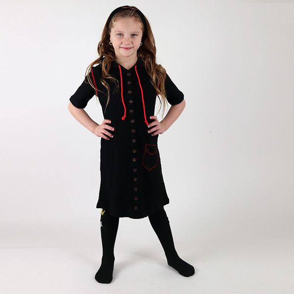 

girls dresses dress summer short sleeve and long kids clothes front buttons children clothing black ribbed with hooded red string 221117, Red;yellow