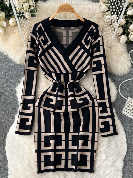 

casual dresses yuoomuoo brand fashion fancy women autumn winter vintage knitted wrap hips short elegant office ladies 221117, Black;gray