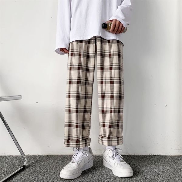 

men's pants houzhou plaid men linens korean checked trousers male streetwear fashion bottoms summer wide leg harajuku breathable 221117, Black