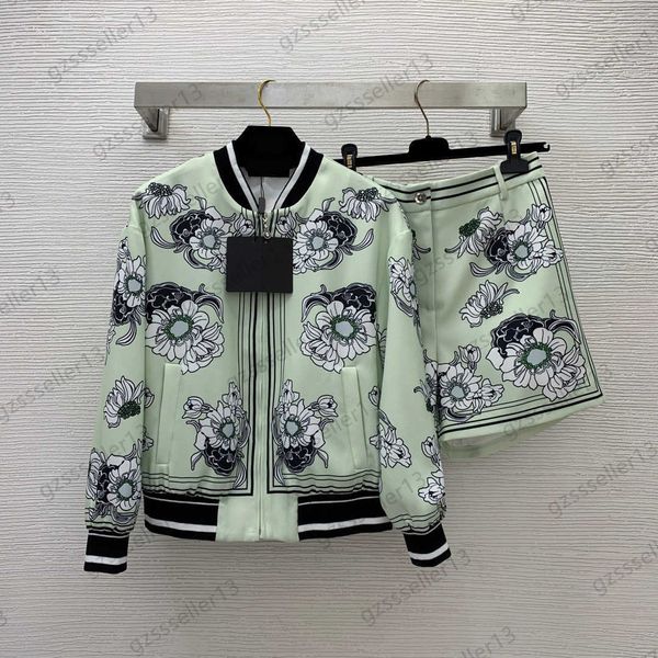 

two piece set womens two pieces pants brand floral print splicing stripes zipper open long sleeved stand collar jacket high waist casual sho, White