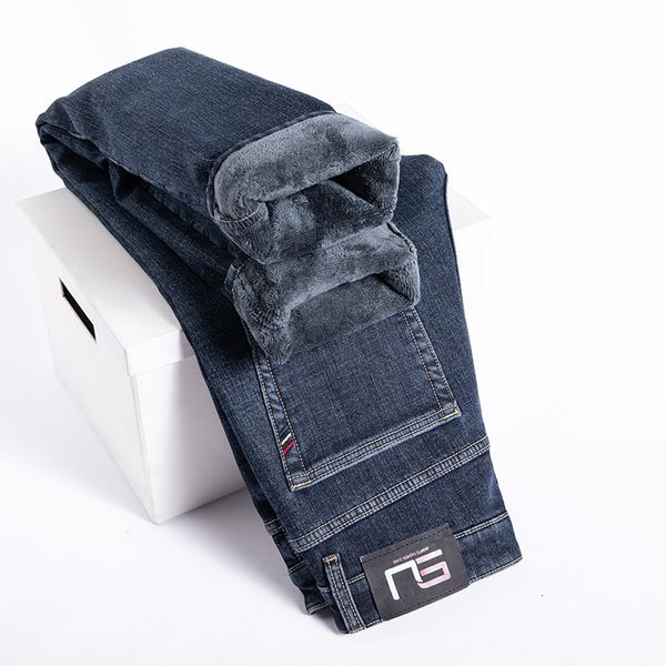 

mens jeans winter cotton stretch slim straight denim fleece thick warm business casual gray blue black 221118