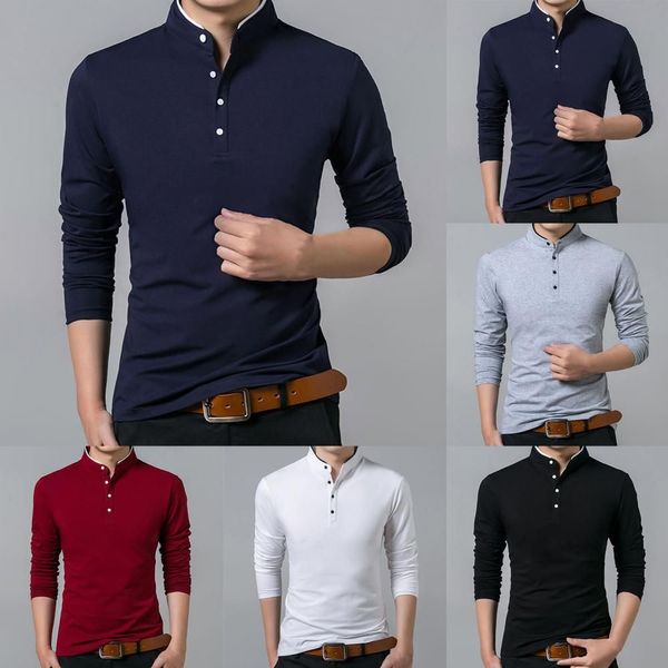 

men's t shirts men autumn t-shirt cotton shirt full sleeve tshirt solid color &tees mandarin collar long buttons sweatshirt, White;black