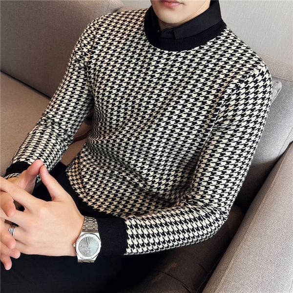 

men's sweaters brand clothing men winter thermal knitting sweatermale slim fit shirt collar fake two piece pullover sweatres 221117, White;black