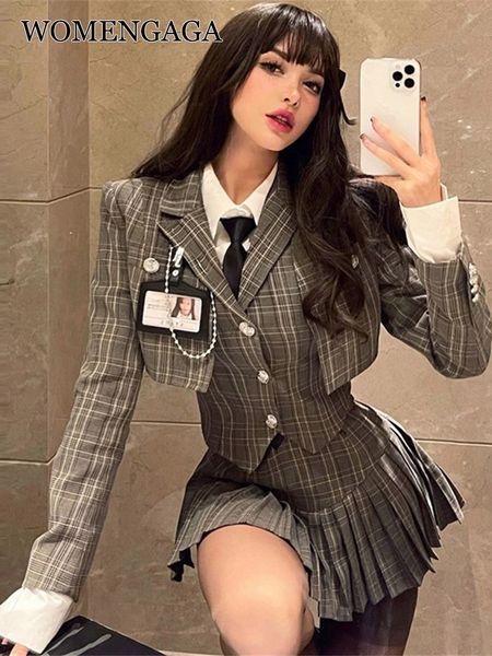 

two piece dress vest shirt blouse skirt suits girl college style plaid suit pleated mini female korean jacket blazers coat a5r 221118, White