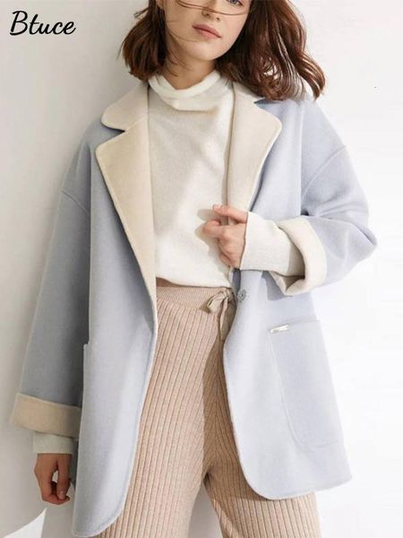 

women's wool blends pockets bicolor woolen jackets highend single breasted heavy suit coat women autumn winter office ladies versatile, Black