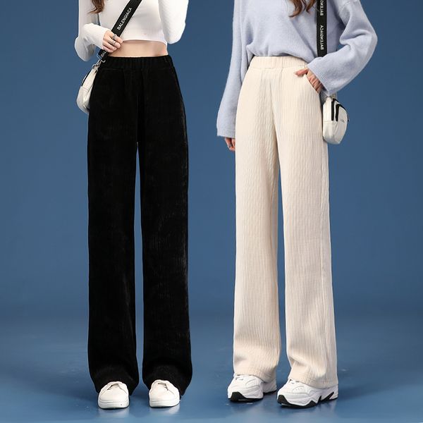 

womens pants capris women warm winter plush thick lambskin cashmere corduroy trousers high waist casual cotton loose female wide leg 221118, Black;white