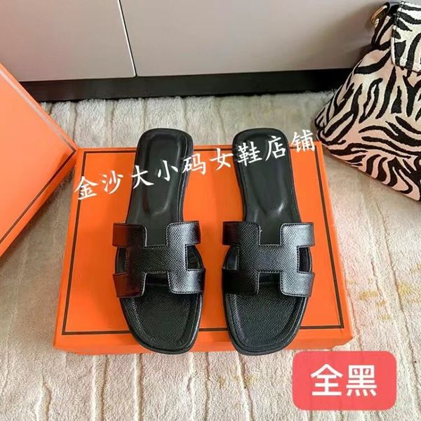 

2022 women h sandals shoes fashion leather slippers summer flat oran slides ladies beach sandal party slipper without box, Black