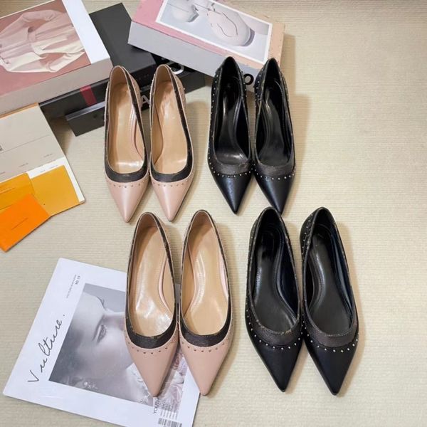 

fashion sandals women slides new designer classic 8cm stiletto high&flat heels luxury 5a leather pointy catwalks shoes rivet contrasting col, Black