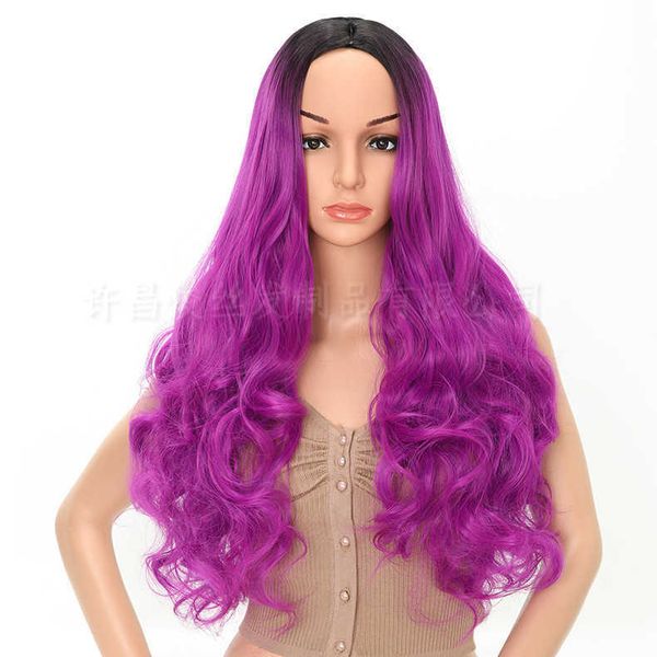 

women's wigs center parting gradual purple long curly hair rose net headband, Black