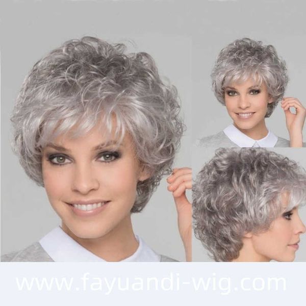 

women's wigs short curly ffy slanted bangs on of the head grey white high temperature silk hair, Black