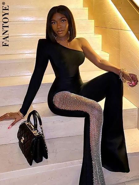 

womens jumpsuits rompers fantoye patchwork diamond fishnet bodycon women black one shoulder long sleeve lady evening party clothes 221118, Black;white