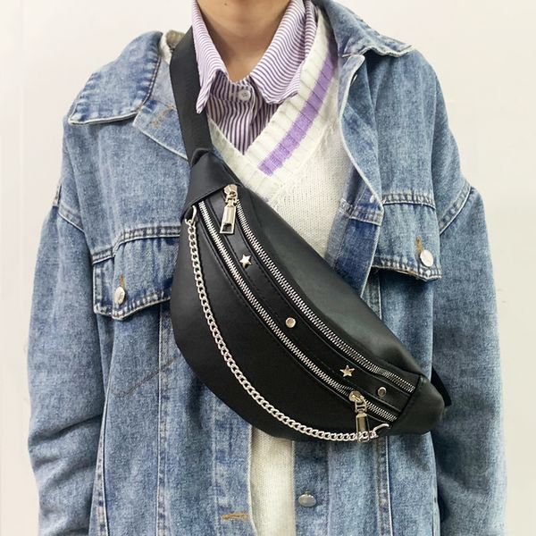 

waist bags hip hop women's waist bag rivet chain fanny pack pu leather fashion belt bag female shoulder crossbody chest bags handbag pu