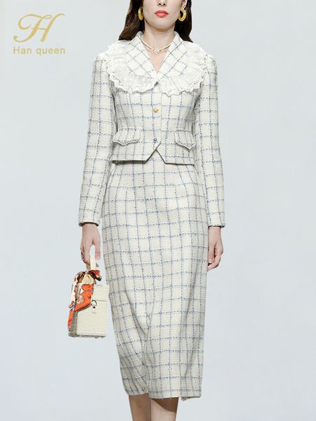 

two piece dress h han queen women autumn winter plaid tweed 2 pieces set single breasted vintage pencil skirt korean simple skirts suits 22, White