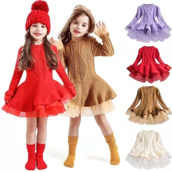 

girls dresses kids tutu dress autumn winter knitted chiffon christmas birthday party children clothes 221117, Red;yellow