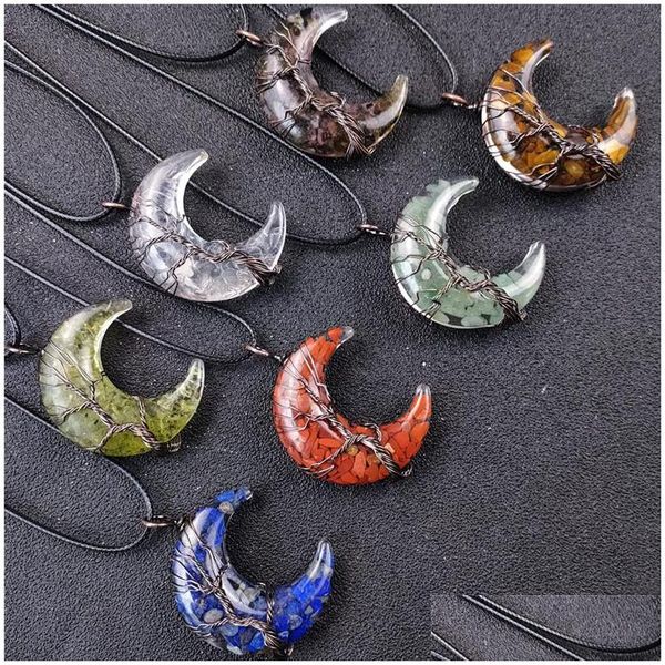 

pendant necklaces crystal quartz moon necklaces tree of life copper wire wrap charm natural stones tiger eye pendant necklace black dhykv, Silver