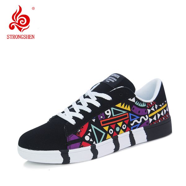

height increasing shoes strongshen men casual male vulcanized sneakers fashion lace-up colorful canvas sport graffiti board 221118, Black;white