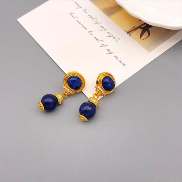

2022 new niche design chandelier european and n vintage natural lapis lazuli 925 silver needle earrings in ancient luxury brass plating 18k