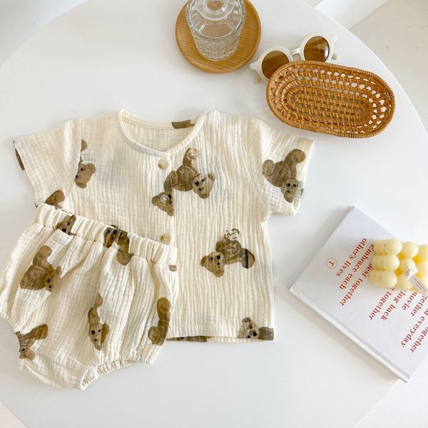 

clothing sets baby clothing set children's toddler solid color bear tshirt elastic trousers piece suit spring born boys girls pants out, White