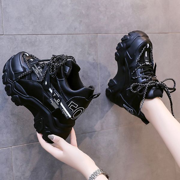 

height increasing shoes lucyever breathable chunky sneakers women fashion increase platform vulcanize woman thick bottom sports 221118, Black;white