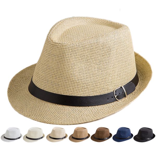 

summer beach sun hat jazz cap womens mens short brim trilby panama fedora straw hat, Blue;gray