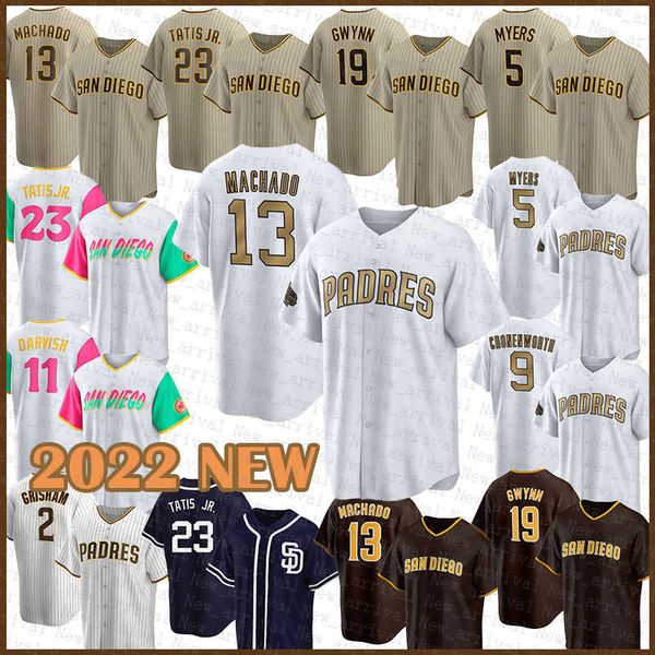 

2022 2023 new san diego baseball jersey padres 23 fernando tatis jr. 13 manny machado 19 tony gwynn 5 wil myers 11 yu darvish 9 jake cronenw, Blue;black