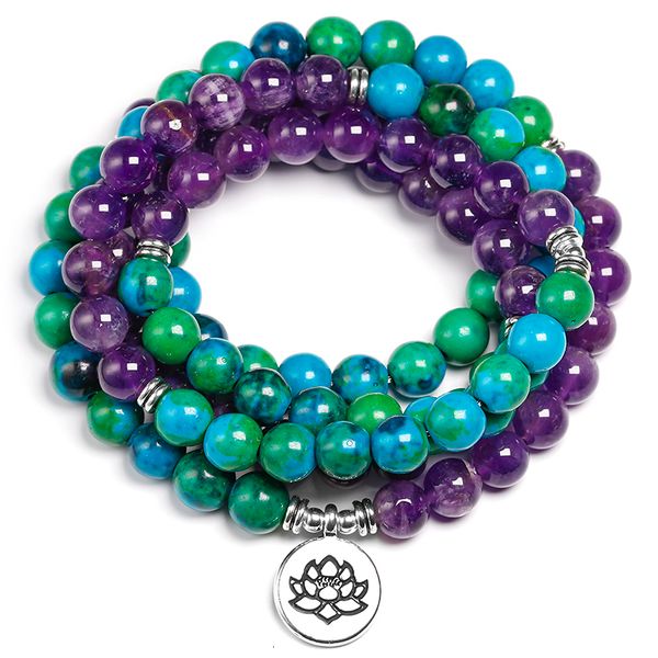 

charm bracelets natural amethyst 8mm stone chrysocolla beads healing bracelet 108 mala prayer yoga strand women men jewelry 221118, Golden;silver