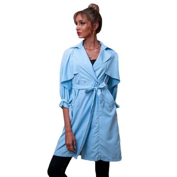 

New autumn belt European and American ladies coat temperament commuter solid color spring and autumn waist long windbreaker, Sky blue
