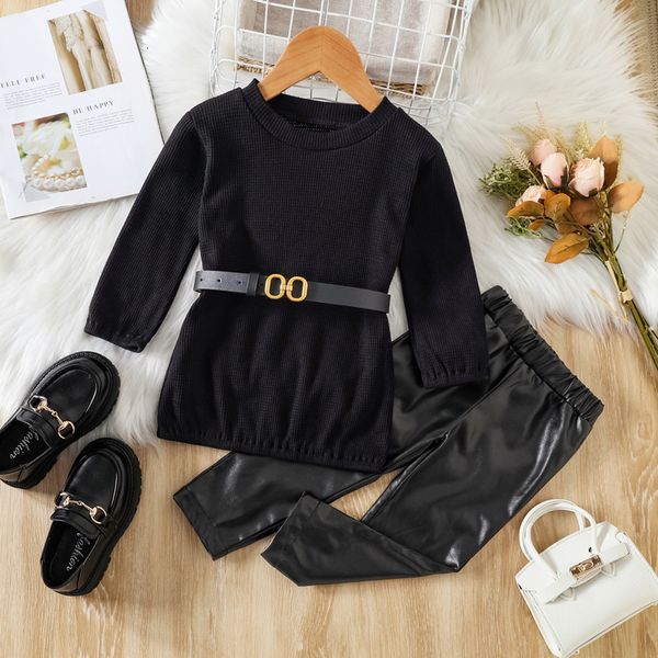 

clothing sets 1 6y kid girls autumn winter clothes set baby long sleeve knit with waist belt pu leather pants children outfits 221118, White