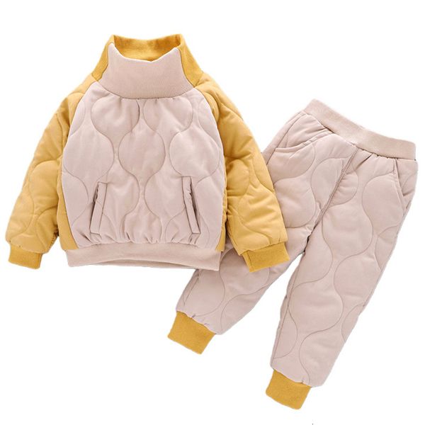 

clothing sets boys girls set winter plush thickened cotton clothes splicing high collar pullover pant kids suits children 221118, White