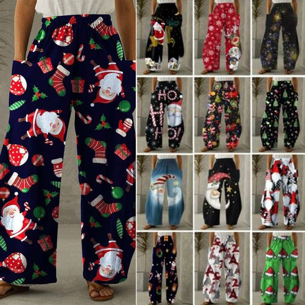 

women's pants capris women christmas loose pockets casual bottoms trousers wide straight wide leg pants sweatpants high waist loose blo, Black;white