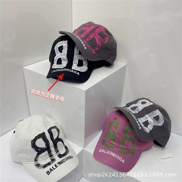 

designer ball balenciga caps s high version of luxury b family letter embroidered base hat female handpainted graffiti duck tongue hat male, Blue;gray