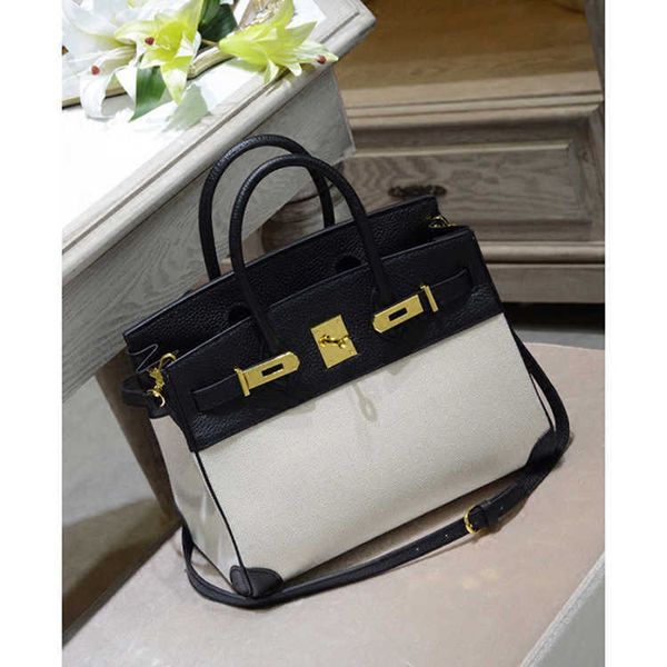 

herme birkin bags classic leather women's bag layer cowhide spell coarse linen canvas single shoulder mess ayw
