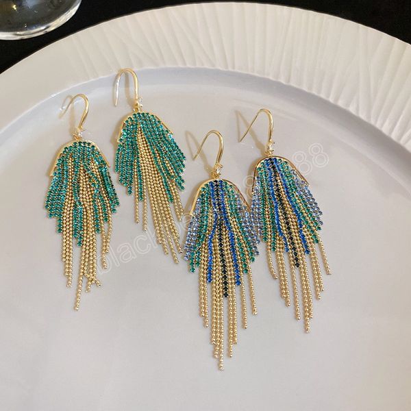 

inlaid green blue rhinestone dangle earrings for women luxury long tassel earrings vintage statement party wedding female jewelry, Silver