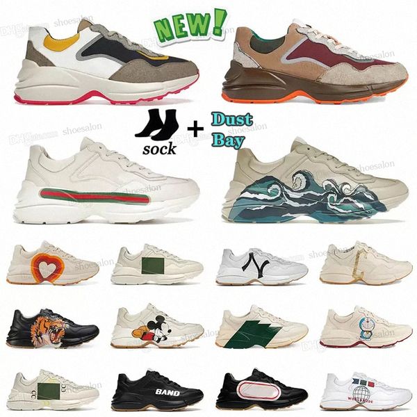 

2022 rhyton vintage casual shoes men women multicolor designers sneakers leather ladies luxurys runner trainers brand platform daddy sneaker, Black