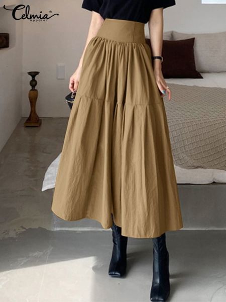 

skirts celmia fashion women high waist korean pleated a-line party autumn casual loose holiday zipper solid midi 221117, Black