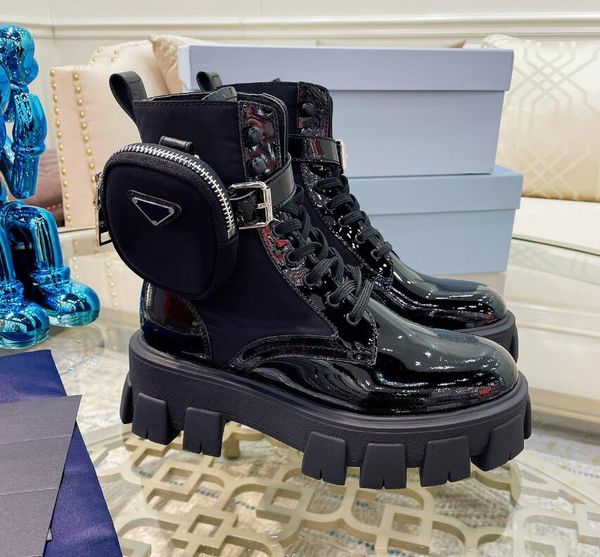 

p triangle wallet short boots genuine leather sponge cake thick soled waterproof platform motorcycle versatile martin boot 35-41, Black