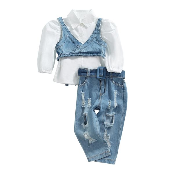 

clothing sets infant kids baby girls casual three piece clothes set solid color long sleeve shirt v neck vest and jeans broken holes 1 6t 22, White