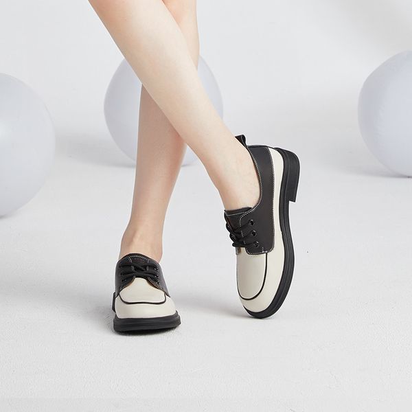 

dress shoes kangnai oxford leather lace up round toe mixed color flats retro ladies derby 221118, Black