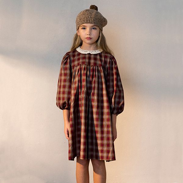 

girls dresses 111y bebe brown plaid dress kids toddler girl dresses peter pan collar vintage long sleeve childrens for 5 years old 221117, Red;yellow
