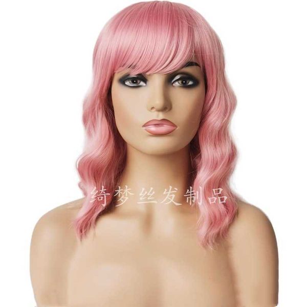 

women's wigs style ffy braid oblique bangs long hair scalp center split pink, Black