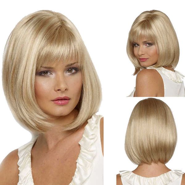 

women's wigs short straight qi bangs simulation scalp bobo head female high temperature silk hair, Black