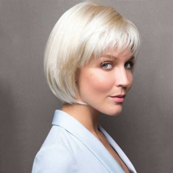 

women's wigs light gold female short slanting bangs wave hair head cover, Black