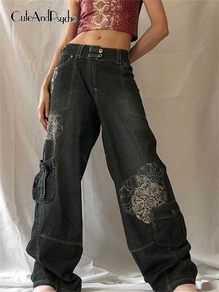 

women's jeans retro graphic print y2k baggy jeans grunge fairycore high waist cargo denim trousers streetwear casual sweatpants cuteand, Blue