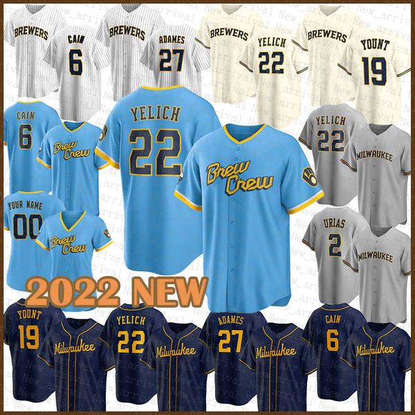 

2022 2023 new milwaukee baseball jersey brewers 22 christian yelich 27 willy adames 19 robin yount 6 lorenzo cain 36 jc mejia 24 hunter renf, Blue;black