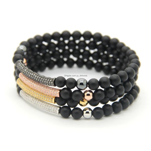 

charm bracelets fashion men women jewelry wholesale 6mm natural matte agate cz micro inlay zircon beads tube beaded stretch bracelet dhm2p, Golden;silver