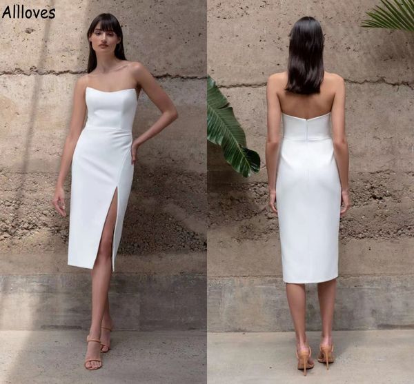 

modern and simple white sheath wedding dresses stretchy crepe strapless tea length short bridal gowns boho beach split bride second receptio