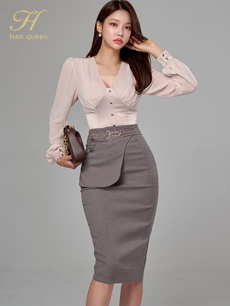 

two piece dress h han queen women autumn profession 2 pieces set v neck blouses vintage mid calf pencil skirt korean simple casual suit 2211, White