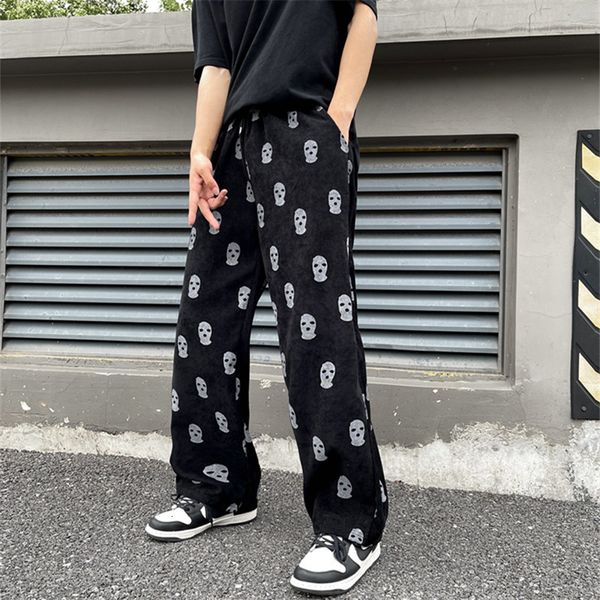

men's pants preppy style skull full print drawstring casual corduroy men baggy hip hop straight sweatpants male loose trousers 221117, Black