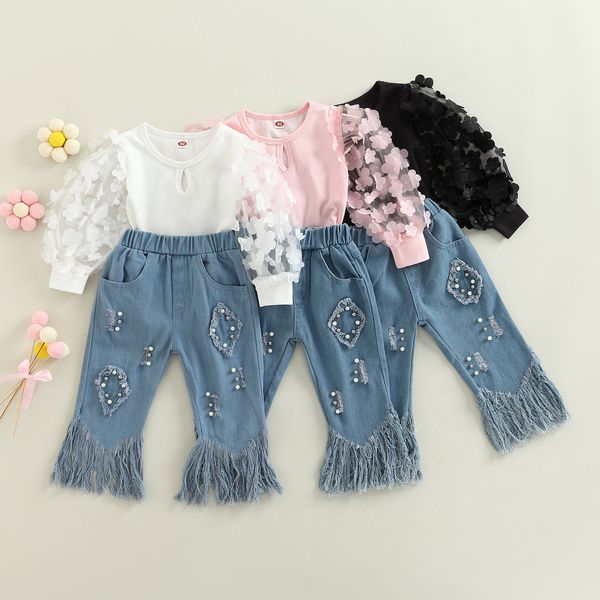 

clothing sets toddler kids baby girls spring autumn outfit long sleeve mesh patchwork shirt denim tassel flared pants 1 6t 221118, White