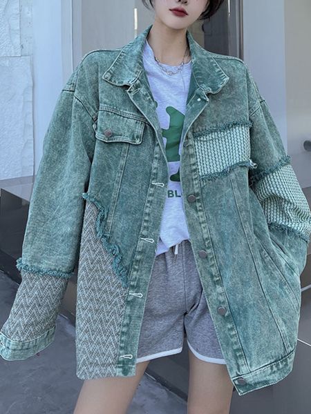 

women s jackets sonneesd safari style casual single breasted denim cardigan vintage color contrast green splicing full sleeve cowboy jacket, Black;brown